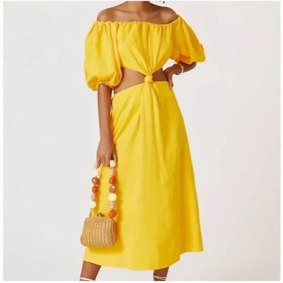 Farm Rio Linen Blend Yellow Off The Shoulder Cut Out Short Sleeve Midi Dress  XS Midi